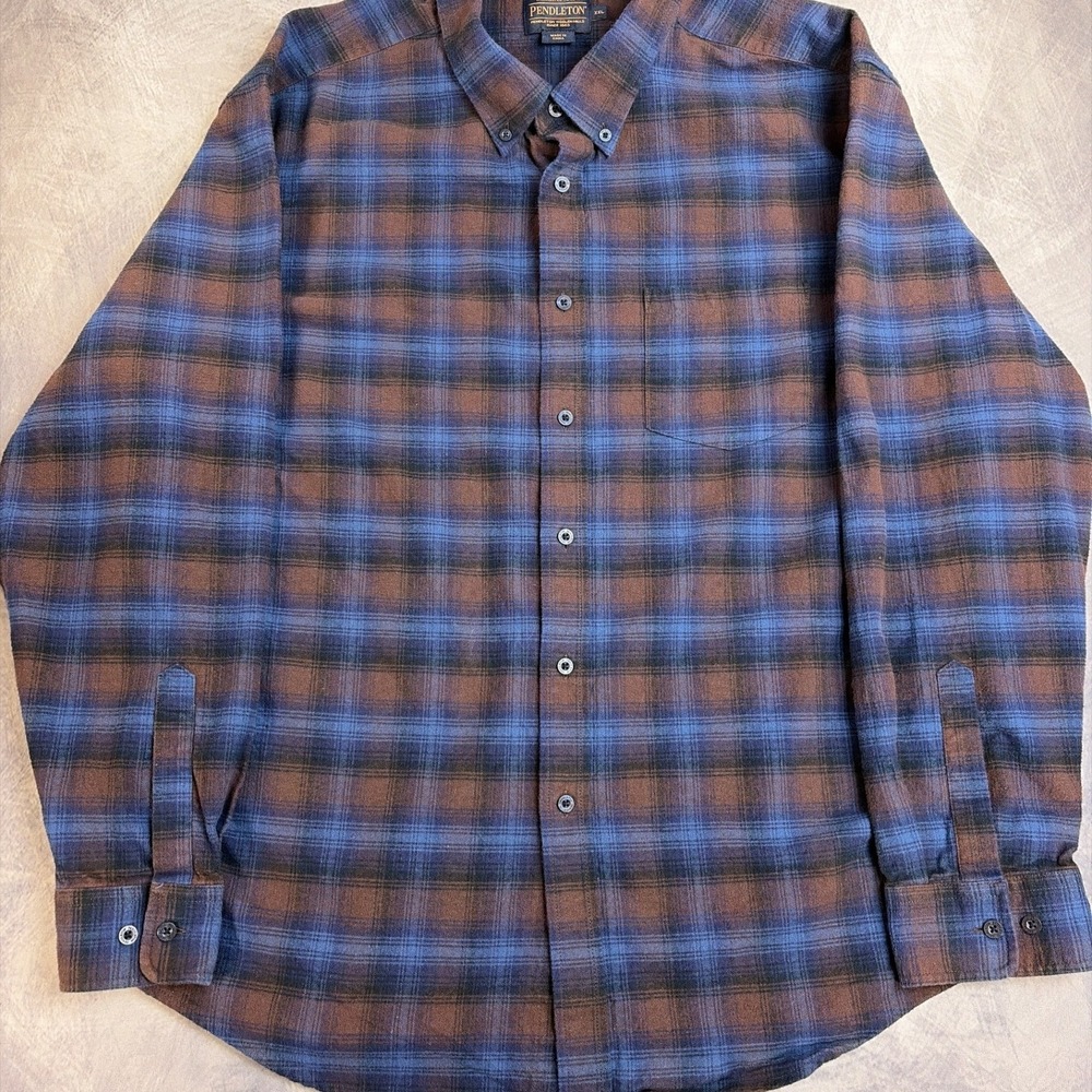 Pendleton Mason Plaid Flannel Button Down‎ Shirt XXL Blue Brown Long Sleeve Mens